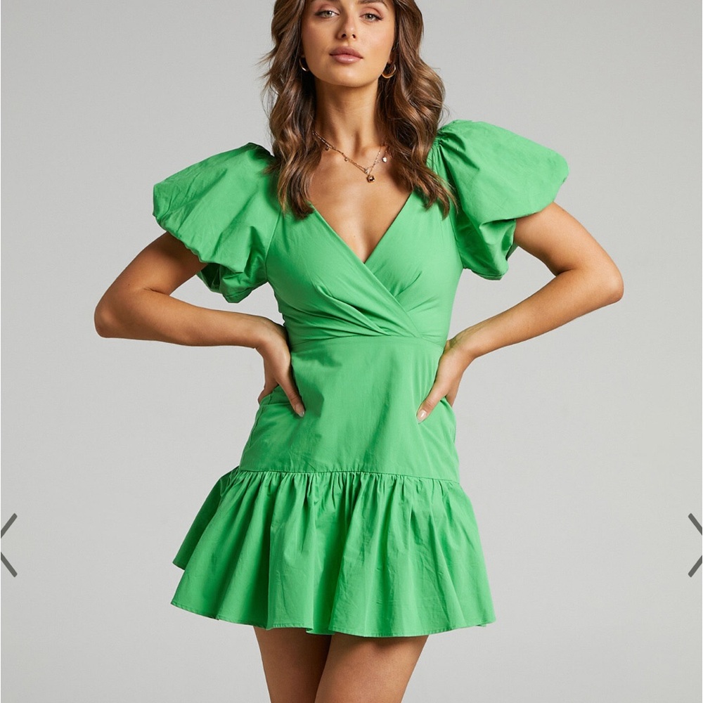 SHOWPO BRIGHTON PUFF SLEEVE RUFFLE MINI DRESS IN GREEN